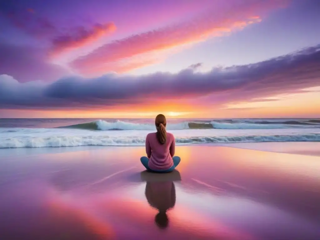 Persona practicando respiración para bienestar integral en una playa de Uruguay al atardecer