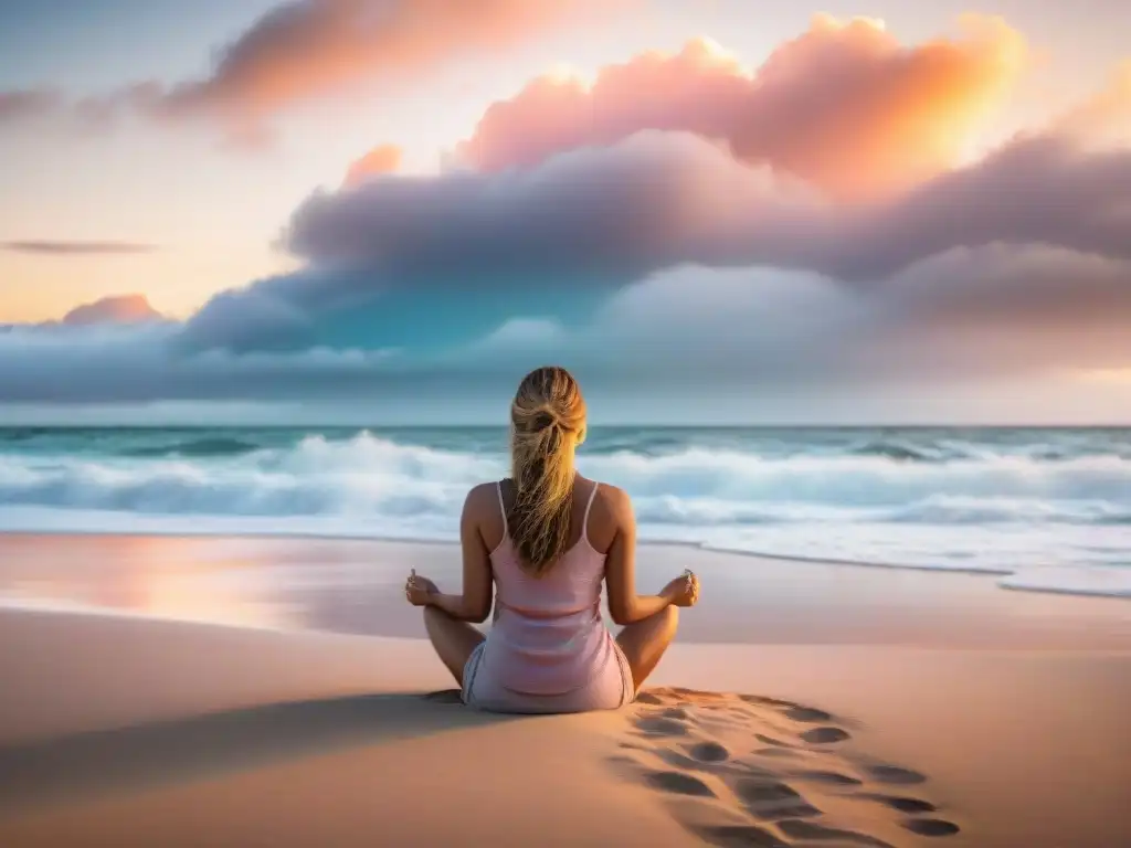 Persona practicando respiración profunda en una playa serena de Uruguay al amanecer, rodeada de una cálida luz