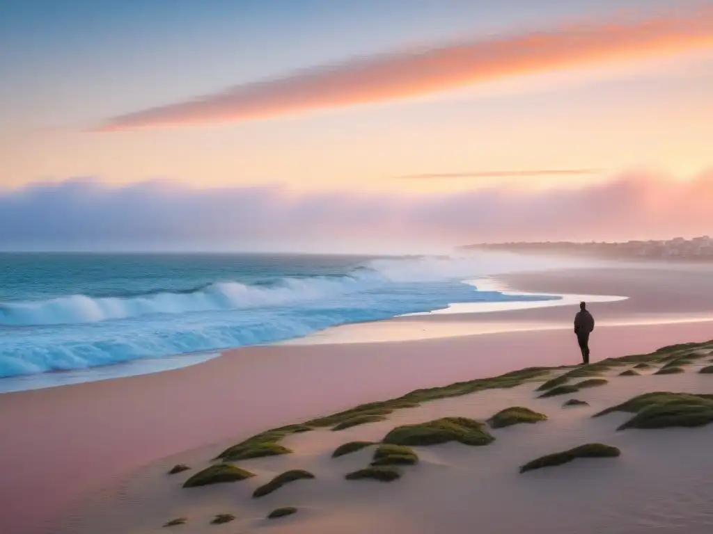 Persona practicando respiración profunda en la playa de Punta del Este al amanecer, transmitiendo paz y bienestar en Uruguay