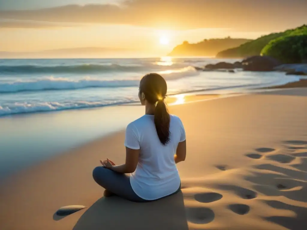 Persona practicando respiración profunda en playa de Uruguay al atardecer