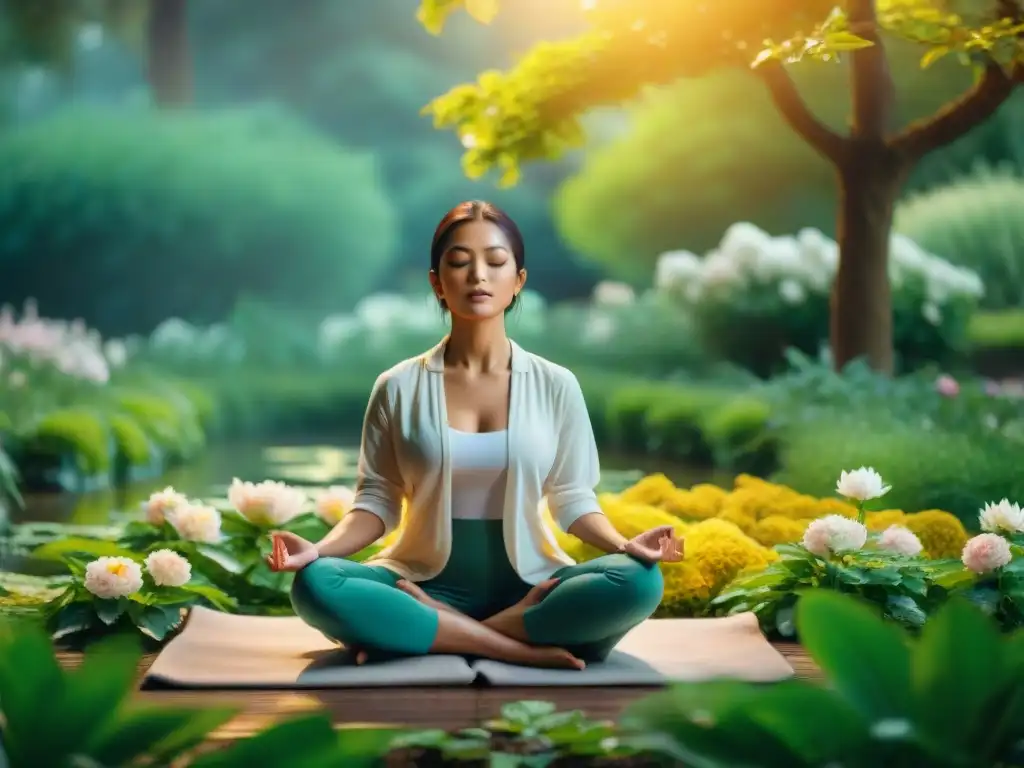 Persona meditando en jardín, rodeada de flores y agua, bañada por luz dorada