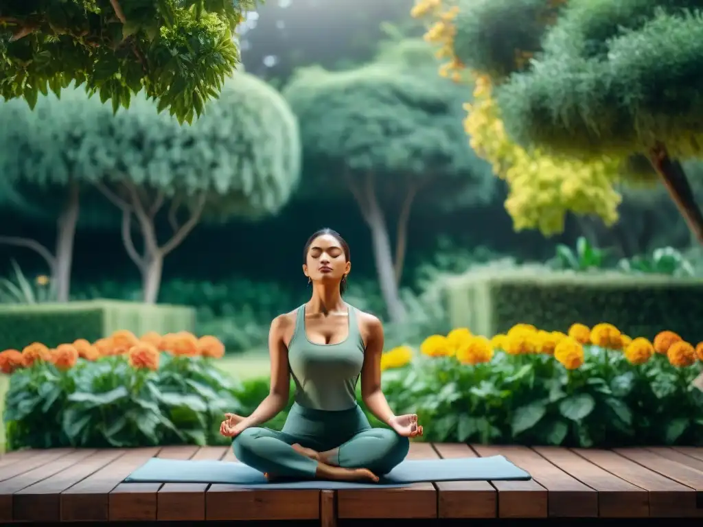 Persona practicando mindfulness en jardín de Uruguay, rodeada de naturaleza, reflejando bienestar integral