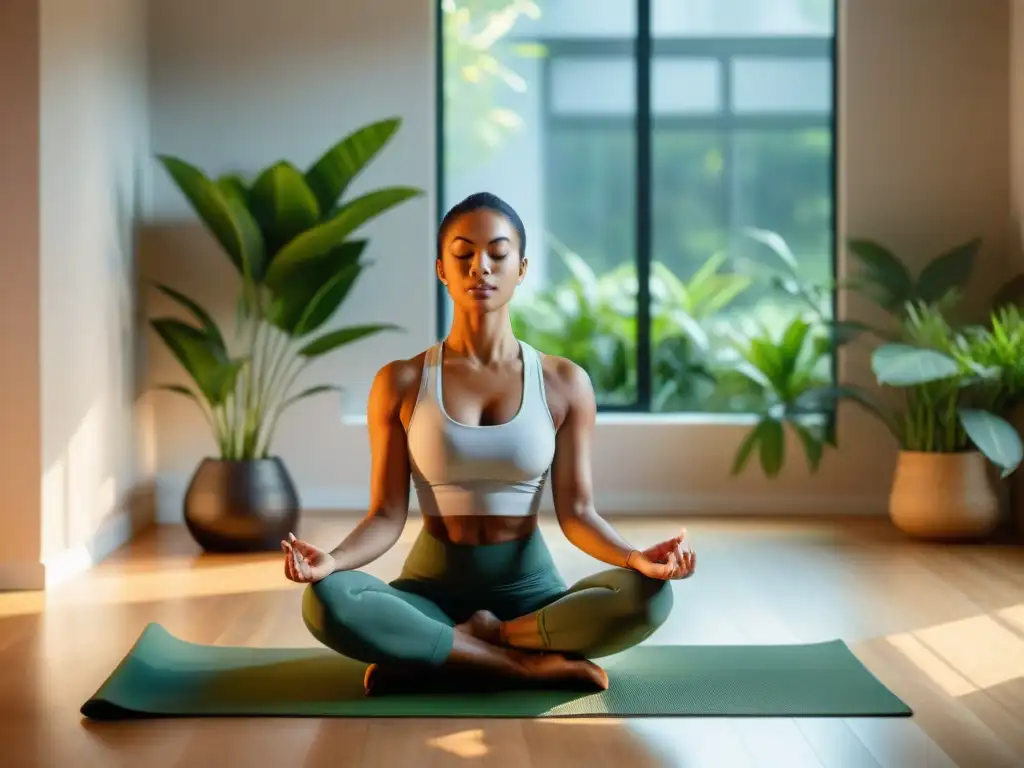 Persona meditando en sala luminosa con plantas, transmitiendo tranquilidad