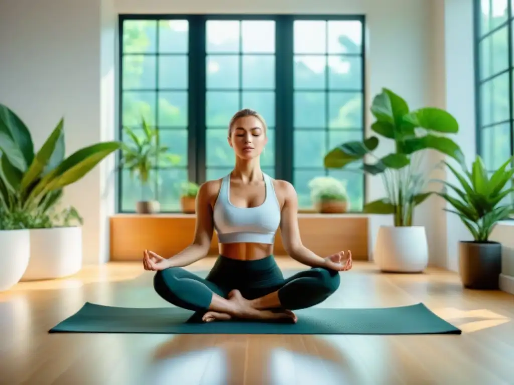 Persona meditando en sala luminosa con plantas