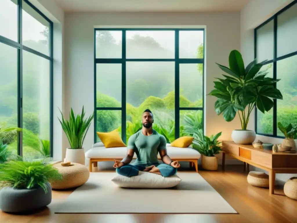 Persona meditando en sala moderna con vistas a jardín