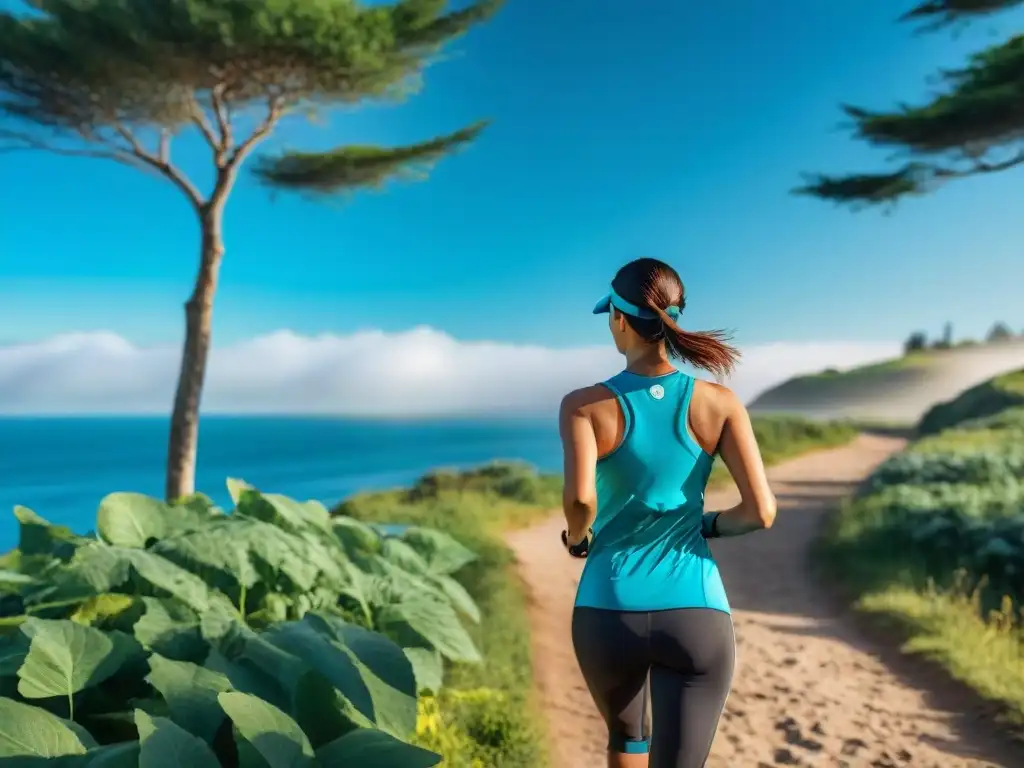 Persona con wearables fitness sostenibles en Uruguay, corriendo en sendero costero