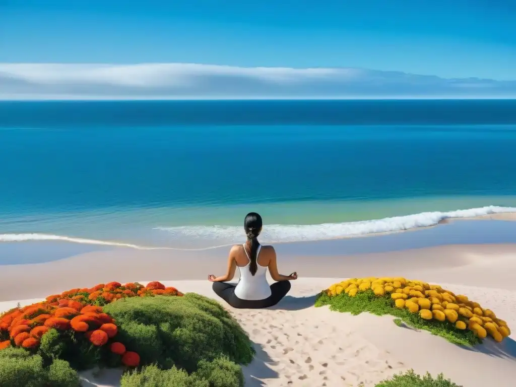 Persona meditando en la serena playa de Punta del Este, Uruguay, rodeada de naturaleza exuberante y flores coloridas