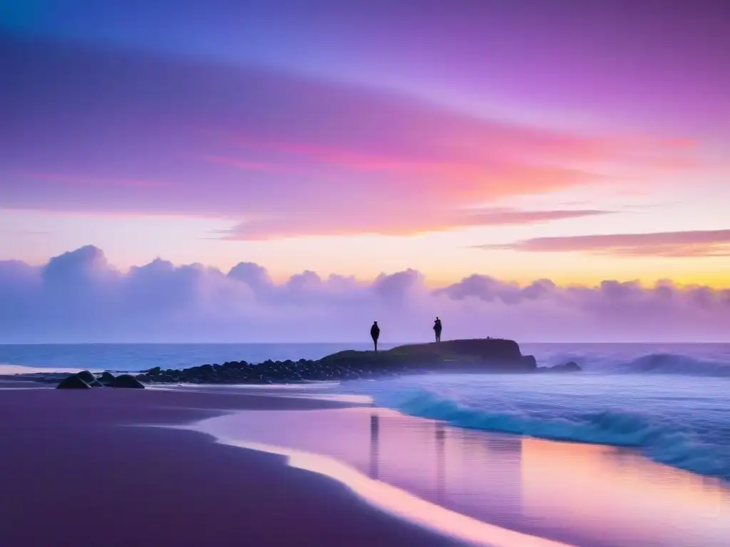 Una persona contemplando un sereno atardecer en la costa de Montevideo, reflejando la idea de superar FOMO en Uruguay