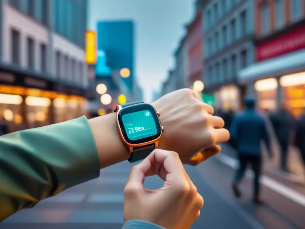 Persona con smartwatch futurista mostrando monitoreo salud cardiovascular gadgets, en vibrante ciudad moderna