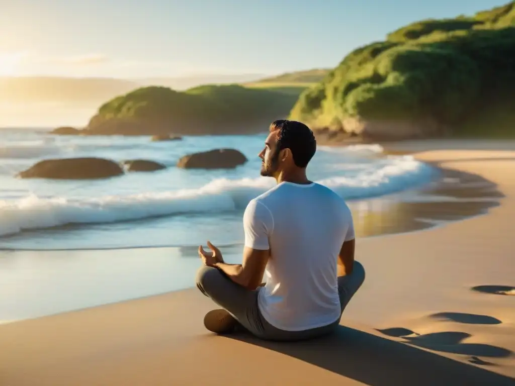 Persona disfrutando del sol y la tranquilidad en la playa de Uruguay, destacando los beneficios de la vitamina D y la reducción del estrés