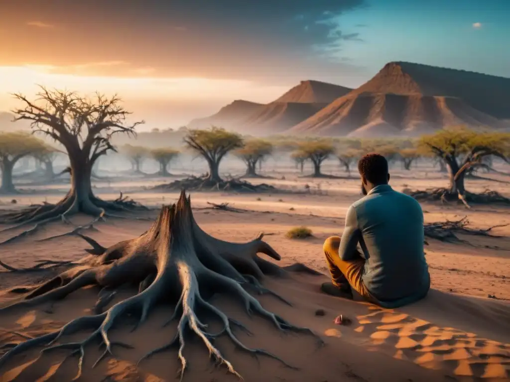 Persona solitaria en paisaje desolado por sequía, reflejando el impacto del cambio climático en la salud mental