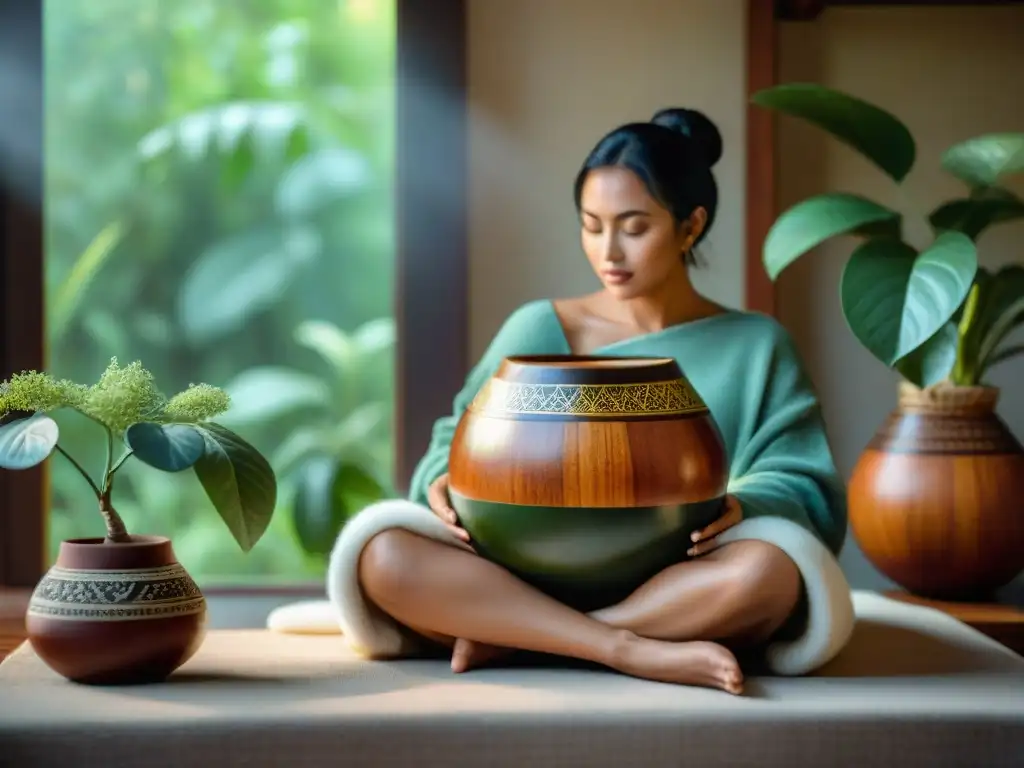 Persona disfrutando la Terapia del mate para estrés en un ambiente tranquilo y acogedor con plantas verdes