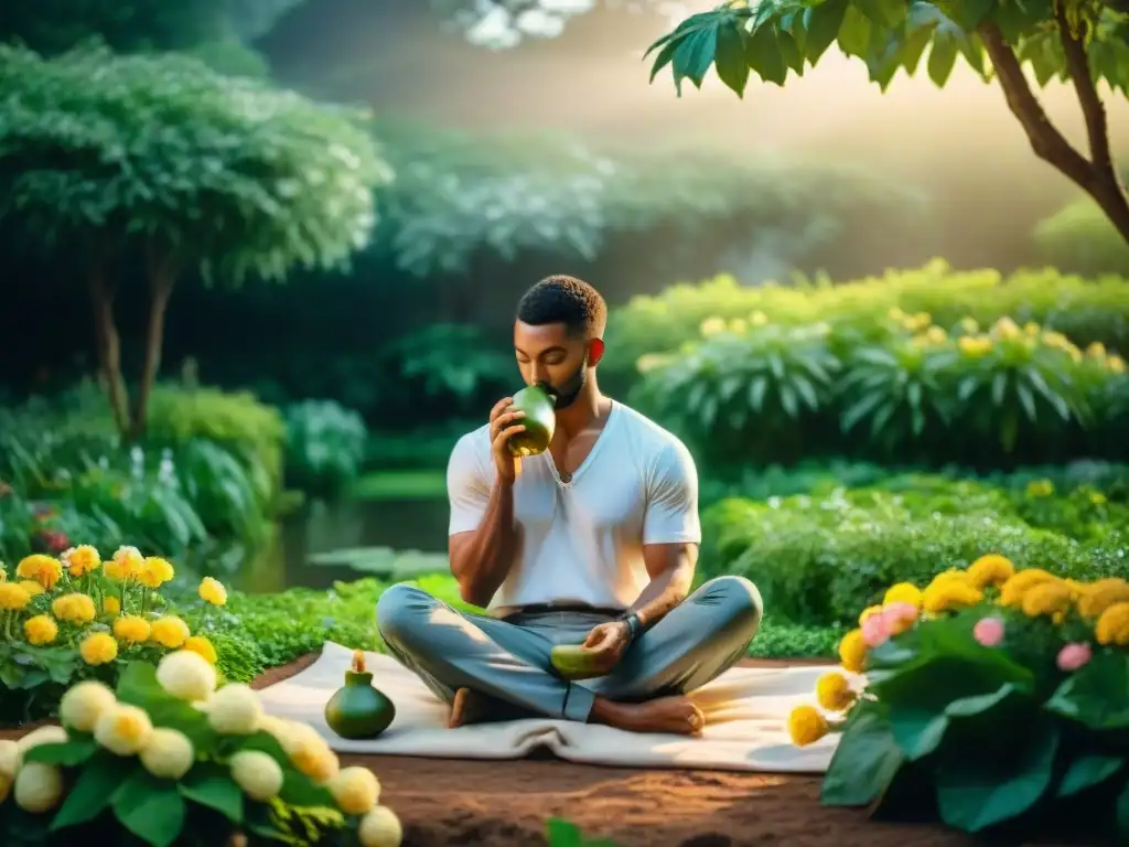 Persona disfrutando la Terapia del mate para estrés en un jardín tranquilo con flores y agua