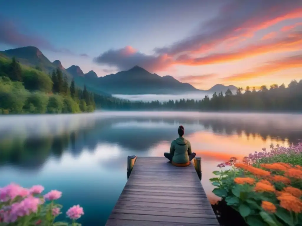 Persona meditando en un tranquilo lago al amanecer, rodeado de naturaleza