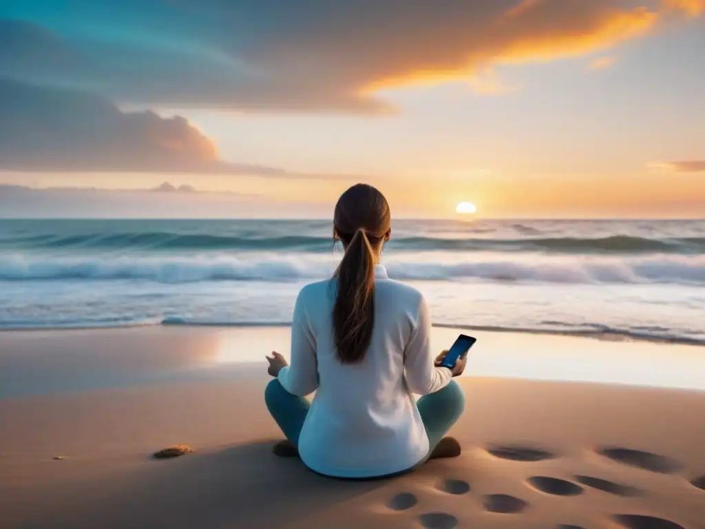 Persona practicando mindfulness uruguayo en la playa con smartphone, reflejando bienestar integral