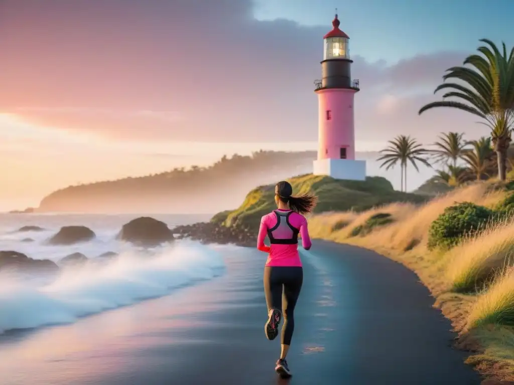 Persona con wearable fitness estilo vida Uruguay, trotando al atardecer en la costa escénica