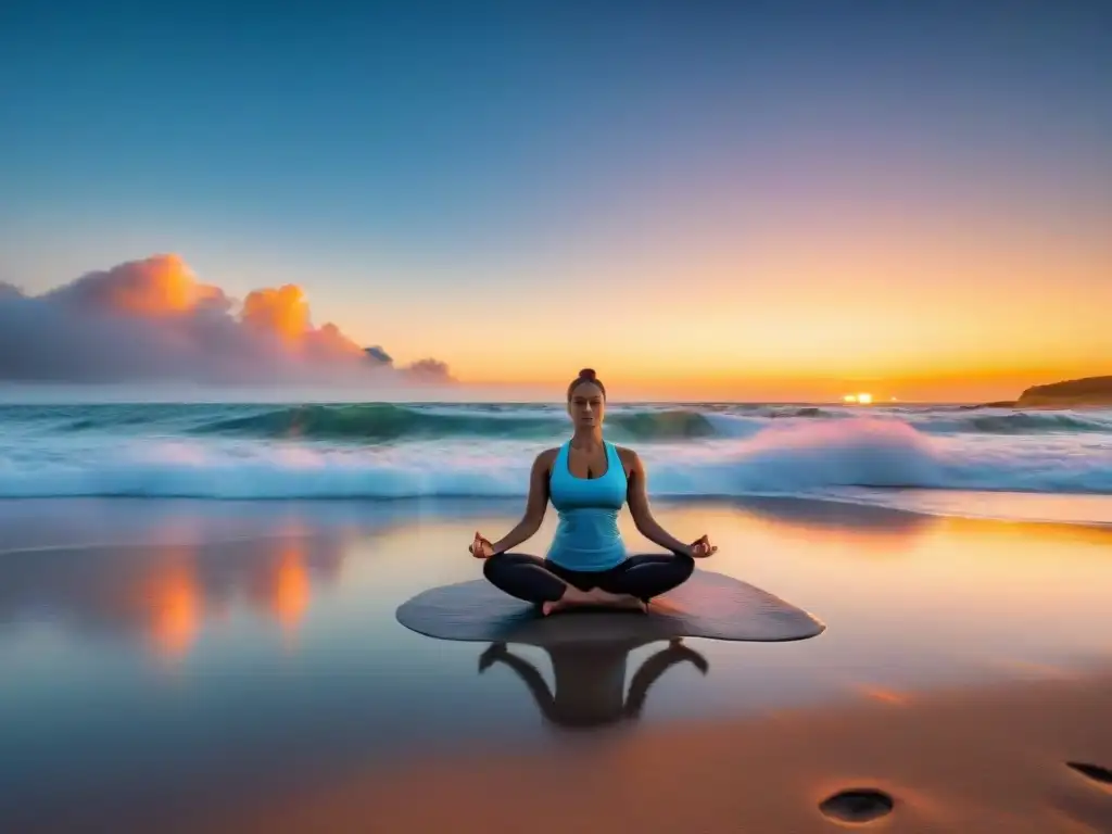 Persona practicando yoga al atardecer en una playa de Uruguay, con el reflejo de colores vibrantes en el agua