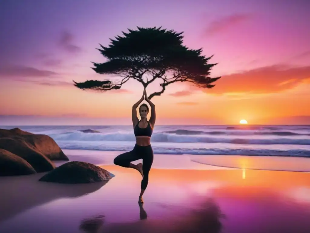 Persona practicando yoga al atardecer en una playa de Uruguay, transmitiendo tranquilidad y equilibrio