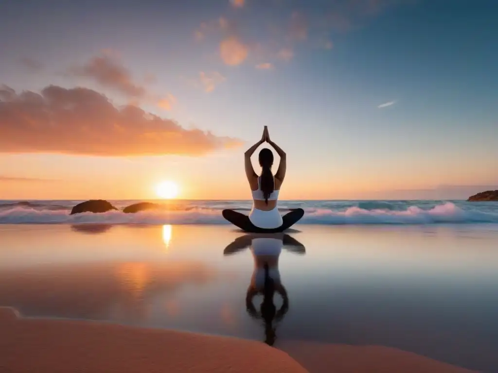 Persona practicando yoga al atardecer en la playa de Uruguay, transmitiendo paz y manejo del estrés en Uruguay