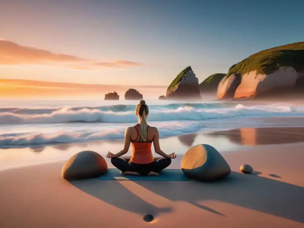 Persona practicando yoga al atardecer en una playa de Uruguay, rodeada de minerales ricos en magnesio