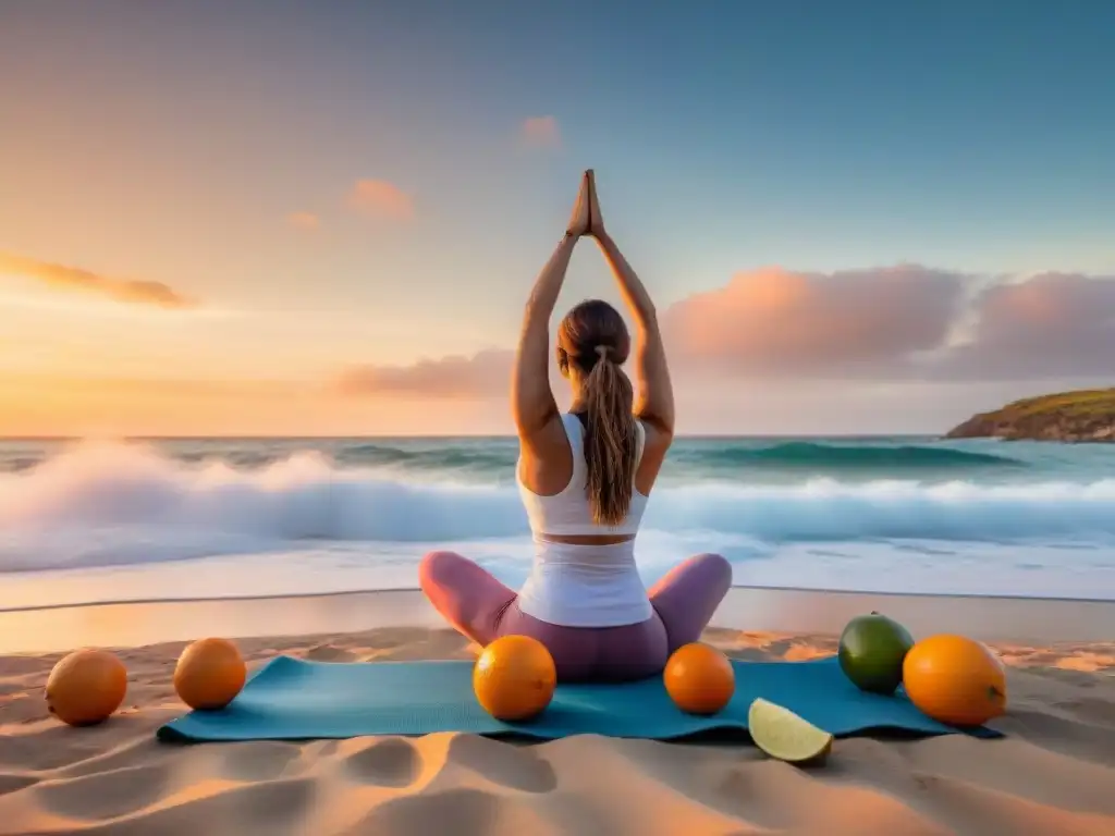 Persona practicando yoga al atardecer en la playa de Uruguay con frutas y cielo pastel