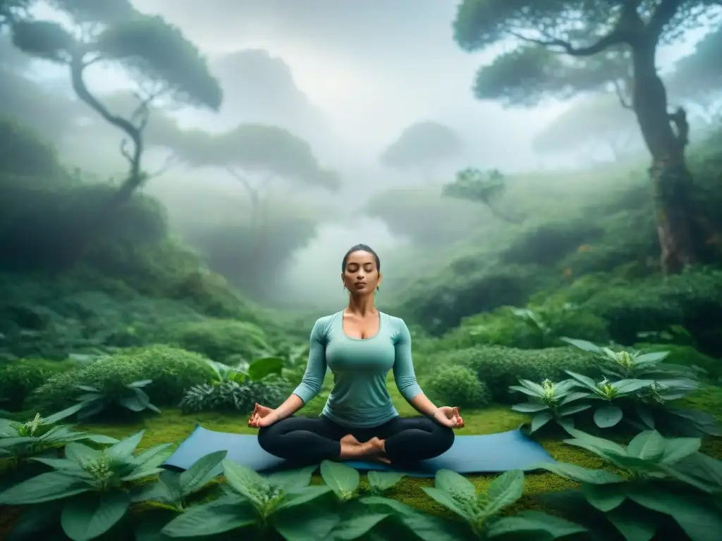 Persona practicando yoga en un bosque de Uruguay con hierbas adaptógenas, simbolizando armonía y alivio de estrés