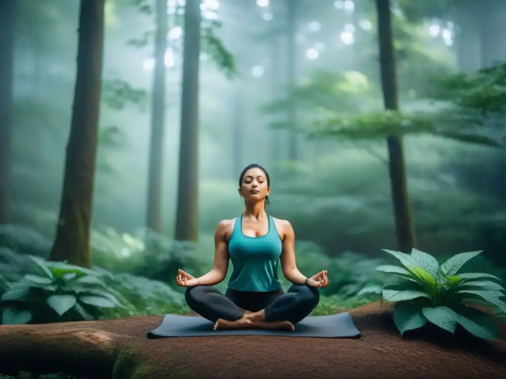 Persona practicando yoga en un bosque, rodeada de árboles altos y luz solar