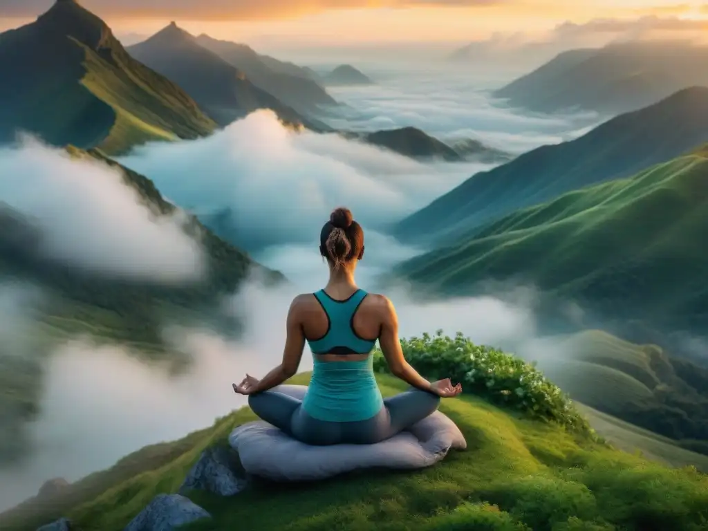 Persona practicando yoga en la cima de una montaña al amanecer, rodeada de nubes