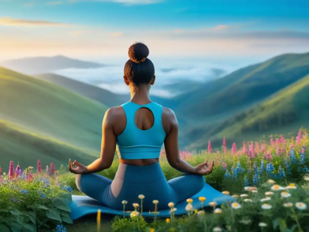 Persona practicando yoga en una colina verde rodeada de flores silvestres, bajo un cielo azul