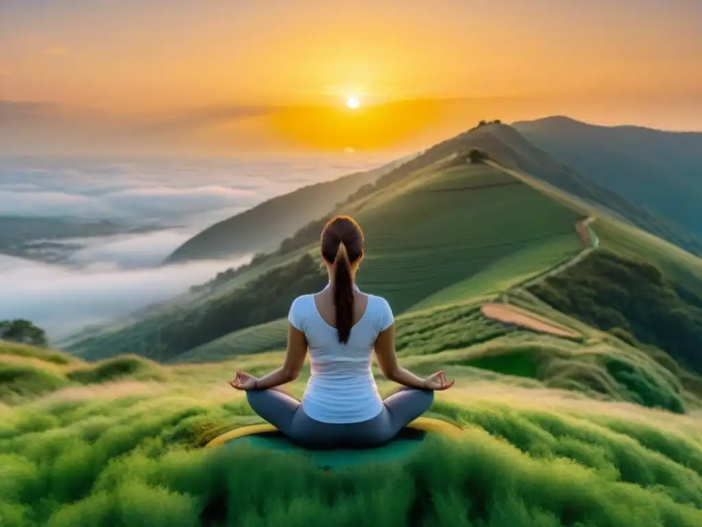 Persona practicando yoga en una colina verde al atardecer, transmitiendo paz y armonía