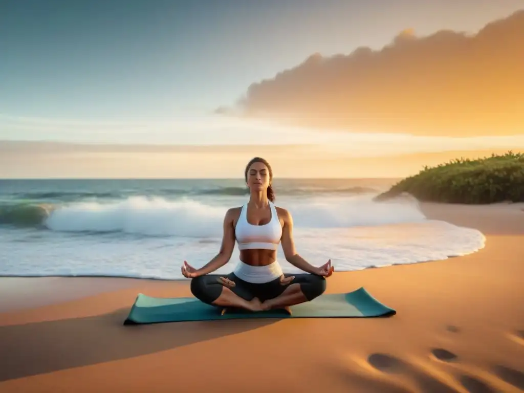 Persona practicando yoga en una hermosa playa de Uruguay al atardecer, rodeada de naturaleza