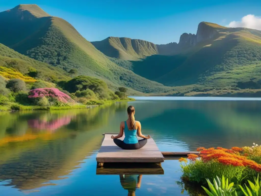 Persona practicando yoga en un lago sereno en Uruguay con montañas verdes y cielo azul reflejados en el agua