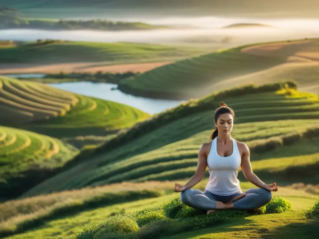 Persona practicando yoga en paisaje sereno de Uruguay al atardecer