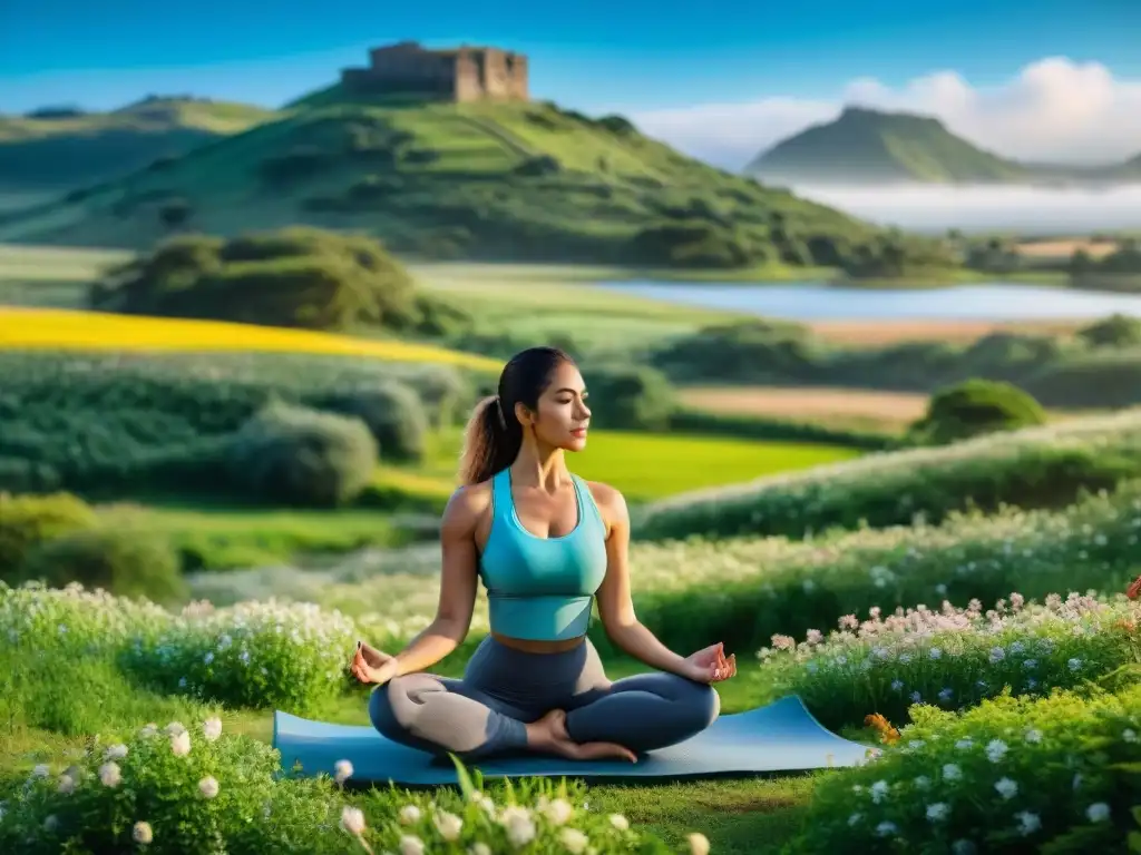 Persona practicando yoga en paisaje verde de Uruguay, transmite la importancia de hidratación y bienestar en la naturaleza armoniosa