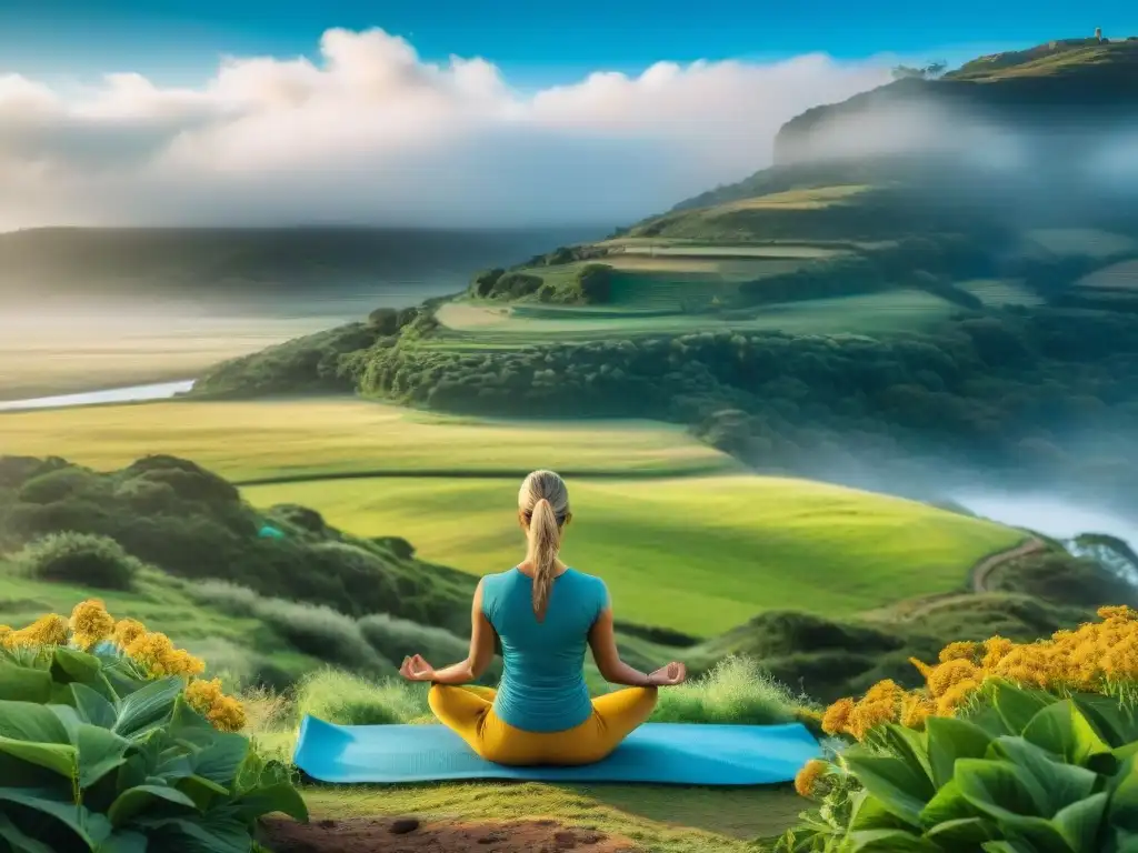 Persona practicando yoga en paisaje verde de Uruguay, transmitiendo calma