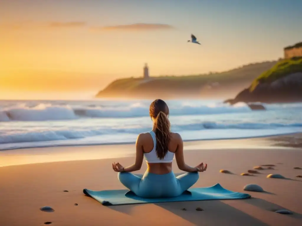 Persona practicando yoga en una playa de Uruguay al atardecer, rodeada de paz y calma