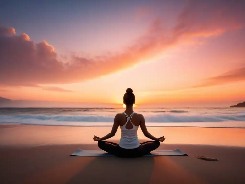 Persona practicando yoga en una playa al atardecer, simbolizando paz interior y manejo del estrés en Uruguay