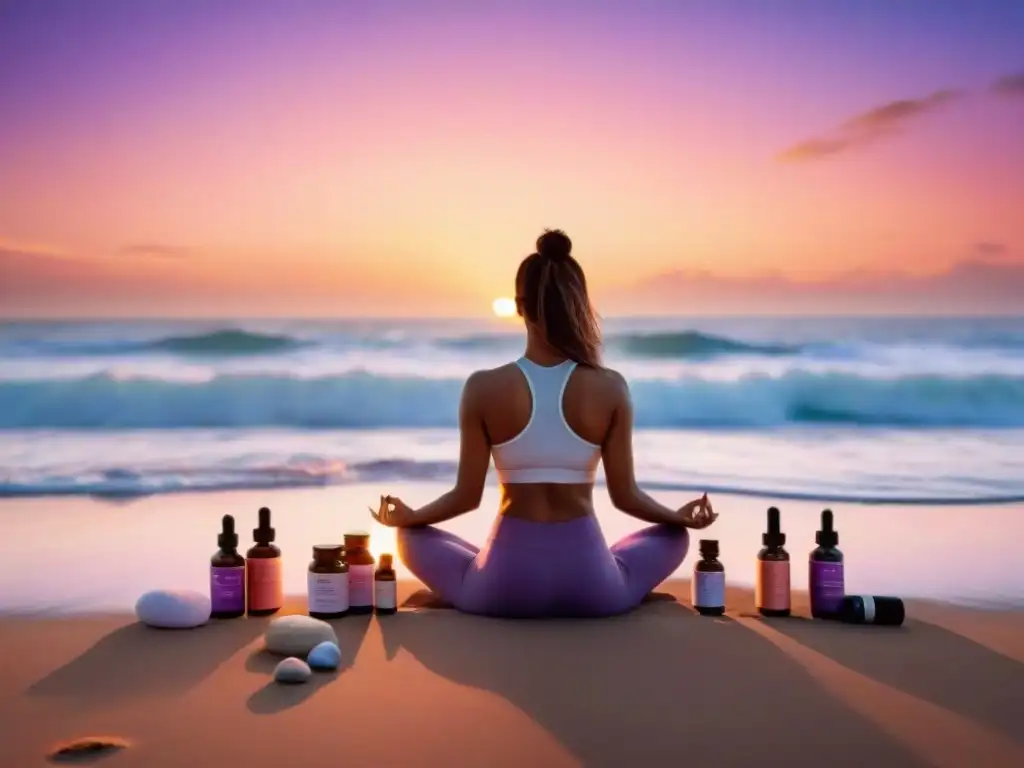 Persona practicando yoga en la playa al atardecer en Uruguay, rodeada de suplementos para piel