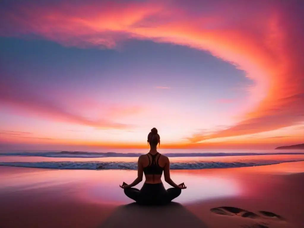 Persona practicando yoga en la playa al atardecer en Uruguay, con colores vibrantes en el cielo