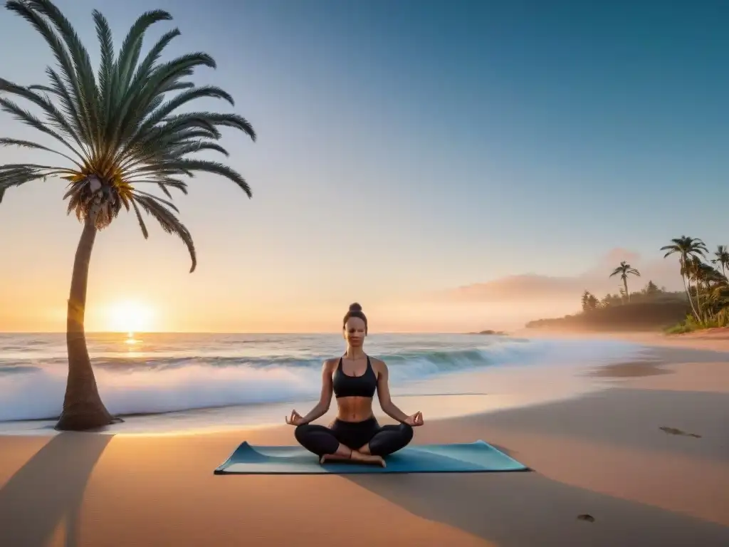 Persona practicando yoga en la playa de Uruguay al atardecer, simbolizando prevención del burnout en Uruguay