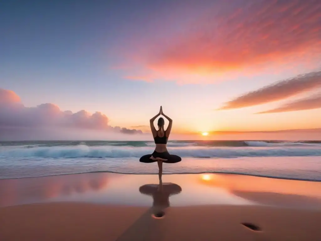 Persona practicando yoga en una playa de Uruguay al atardecer, transmitiendo paz y tranquilidad