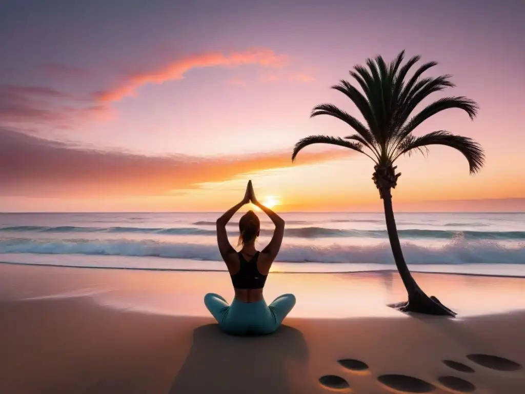 Persona practicando yoga en la playa de Uruguay al atardecer, transmitiendo equilibrio vida trabajo Uruguay