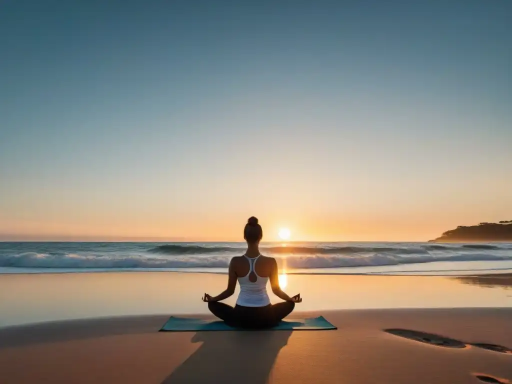 Persona practicando yoga en la playa de Uruguay al atardecer, transmitiendo paz y serenidad