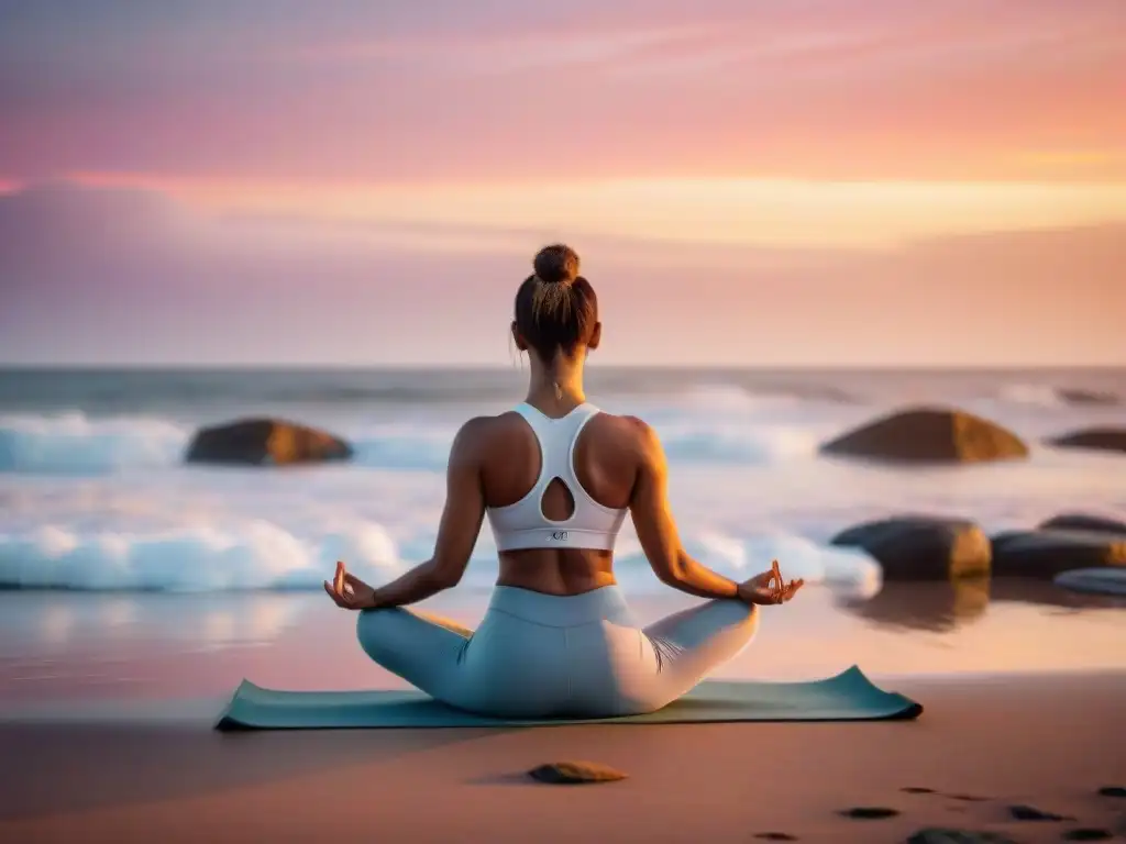 Persona practicando yoga en una playa de Uruguay al atardecer, reflejos rosados y naranjas en el mar