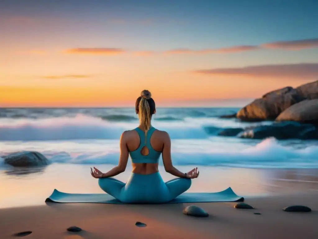 Persona practicando yoga en la playa de Uruguay al atardecer, conectando con su cuerpo y entorno