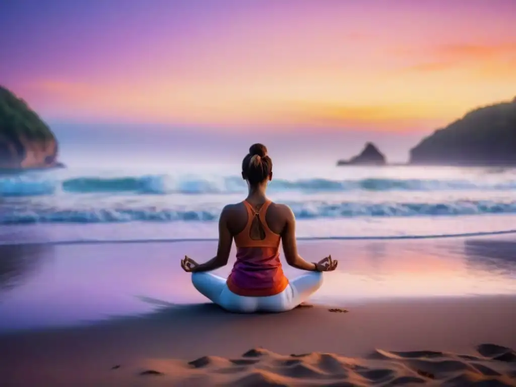 Persona practicando yoga en la playa al atardecer, representando equilibrio vida online offline en Uruguay