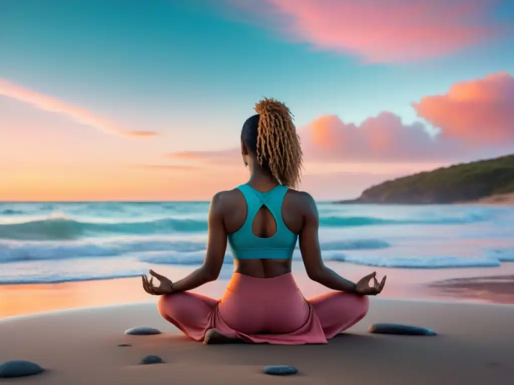 Persona practicando yoga en una playa de Uruguay al atardecer, superando estrés entre colores cálidos y mar tranquilo