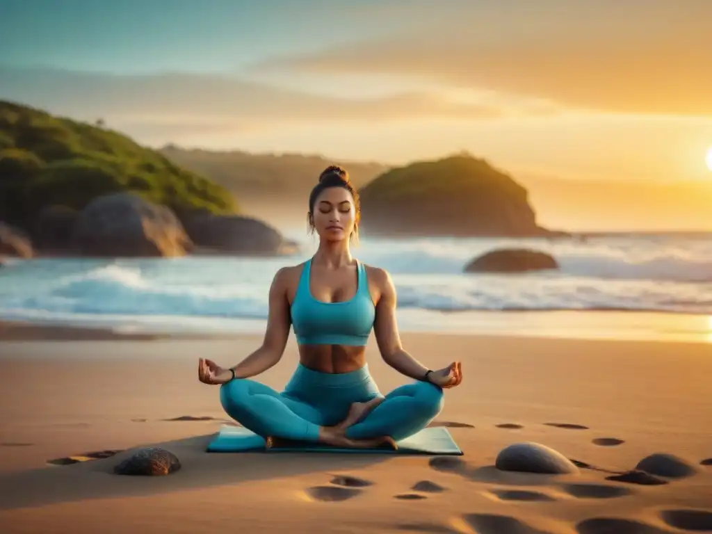 Persona practicando yoga en una playa de Uruguay al atardecer, superando estrés con calma y serenidad