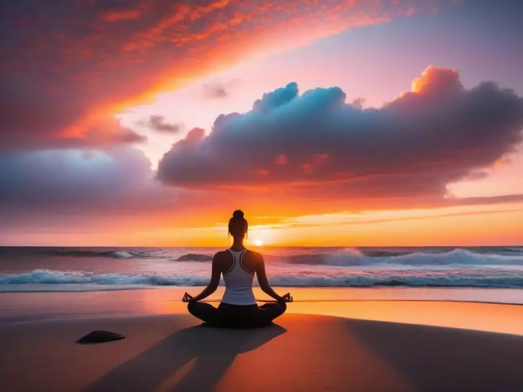 Persona practicando yoga en la playa al atardecer en Uruguay, promoviendo la relación entre bienestar emocional y físico