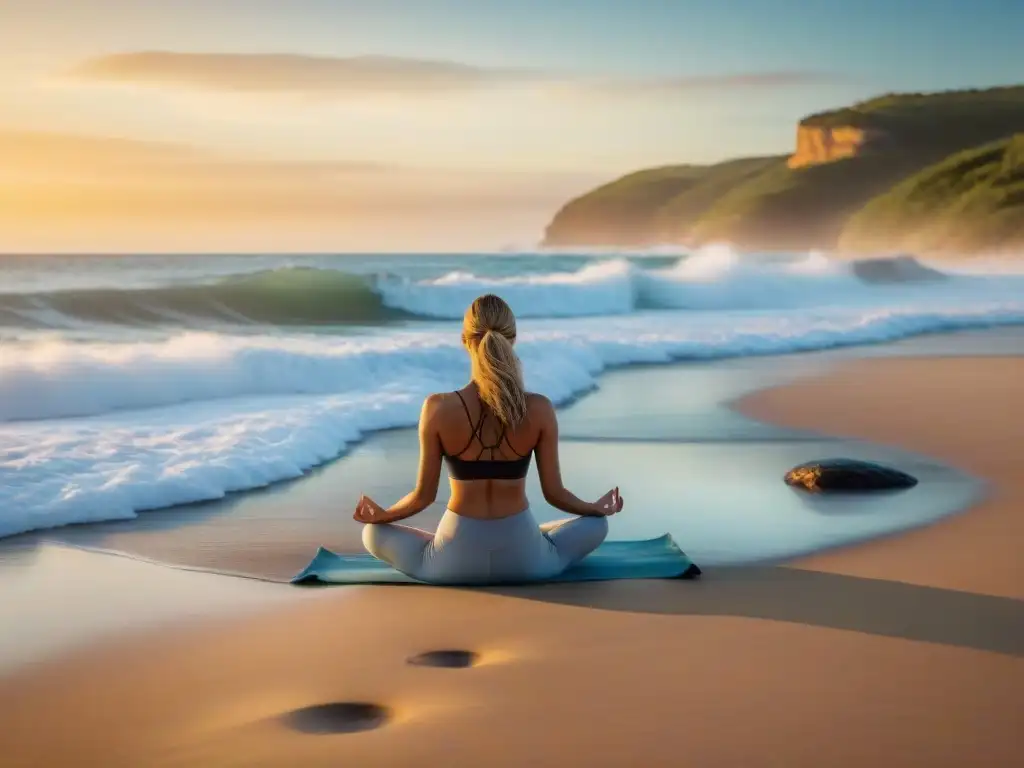 Persona practicando yoga en la playa de Uruguay al atardecer, transmitiendo serenidad y bienestar emocional y físico